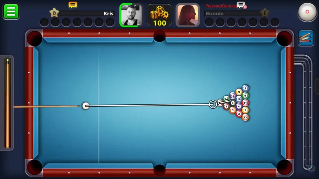 8-Ball-Pool-Mod-APK-gameplay-showing-the-start-of-a-match-with-a-lined-up-cue-and-unlocked-premium-features.