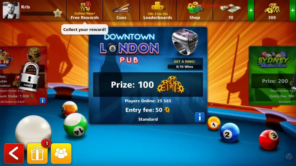 8-Ball-Pool-Mod-APK-Downtown-London-Pub-tournament-with-100-prize-players-online-and-entry-fee-details-showing-unlocked-rewards-and-premium-features.