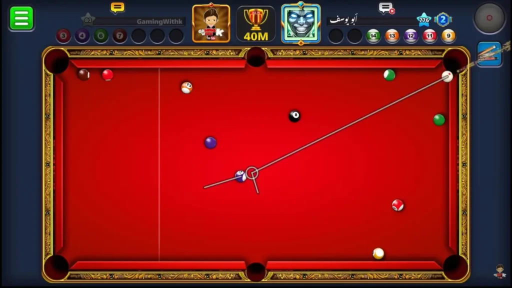 8-Ball-Mod-gameplay-on-red-table-showing-the-player-aiming-a-shot-with-premium-features-like-unlimited-coins-and-advanced-aim-assists.