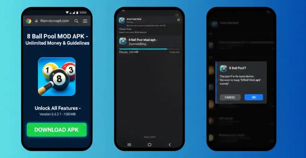 image that illustrates the steps of downloading 8 ball pool mod apk on android 